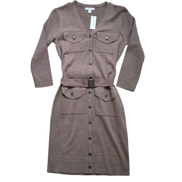 New York & Company Women’s XS Sweater Dress Brown V-Neck Belted Minimalist NWT - Picture 2 of 12
